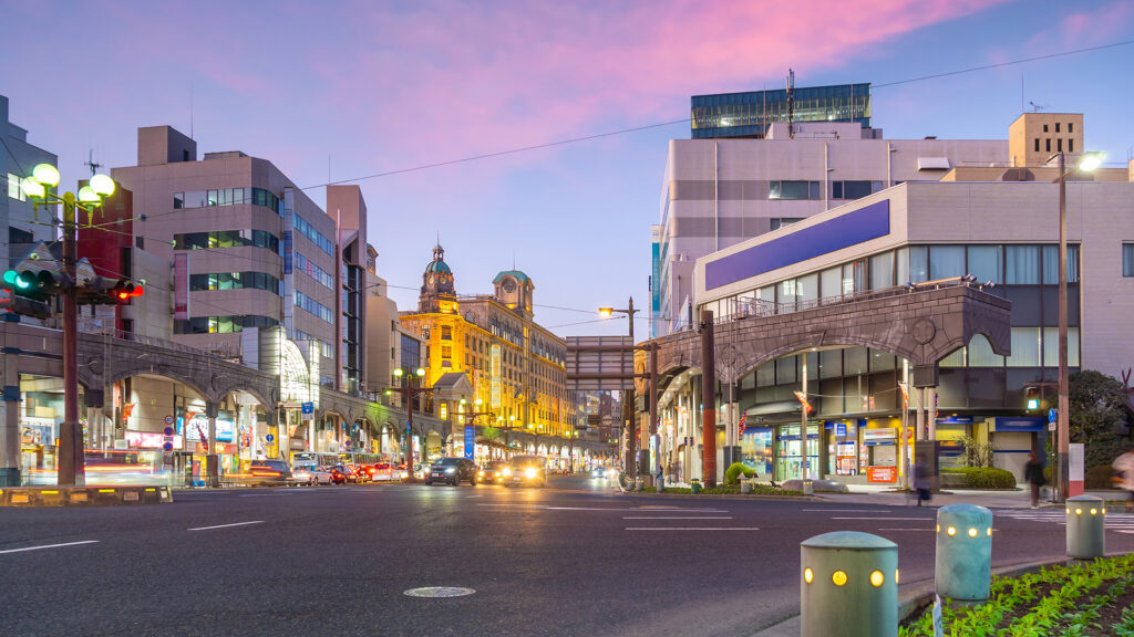 Kagoshima city downtown center, cityscape in Kyushu, Japan at sunset